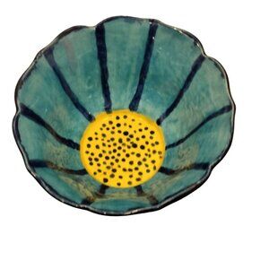 Sunflower Bowl Artisan Pottery Blue Shabby Glaze Farmhouse Cottage OOAK Signed